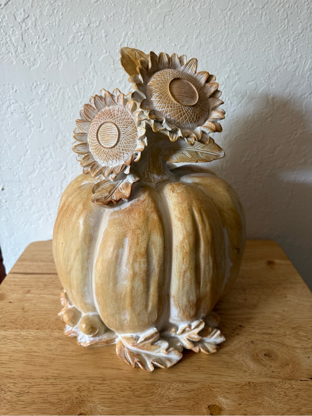 Sunflower-Topped Pumpkin Accent - Cream and Brown